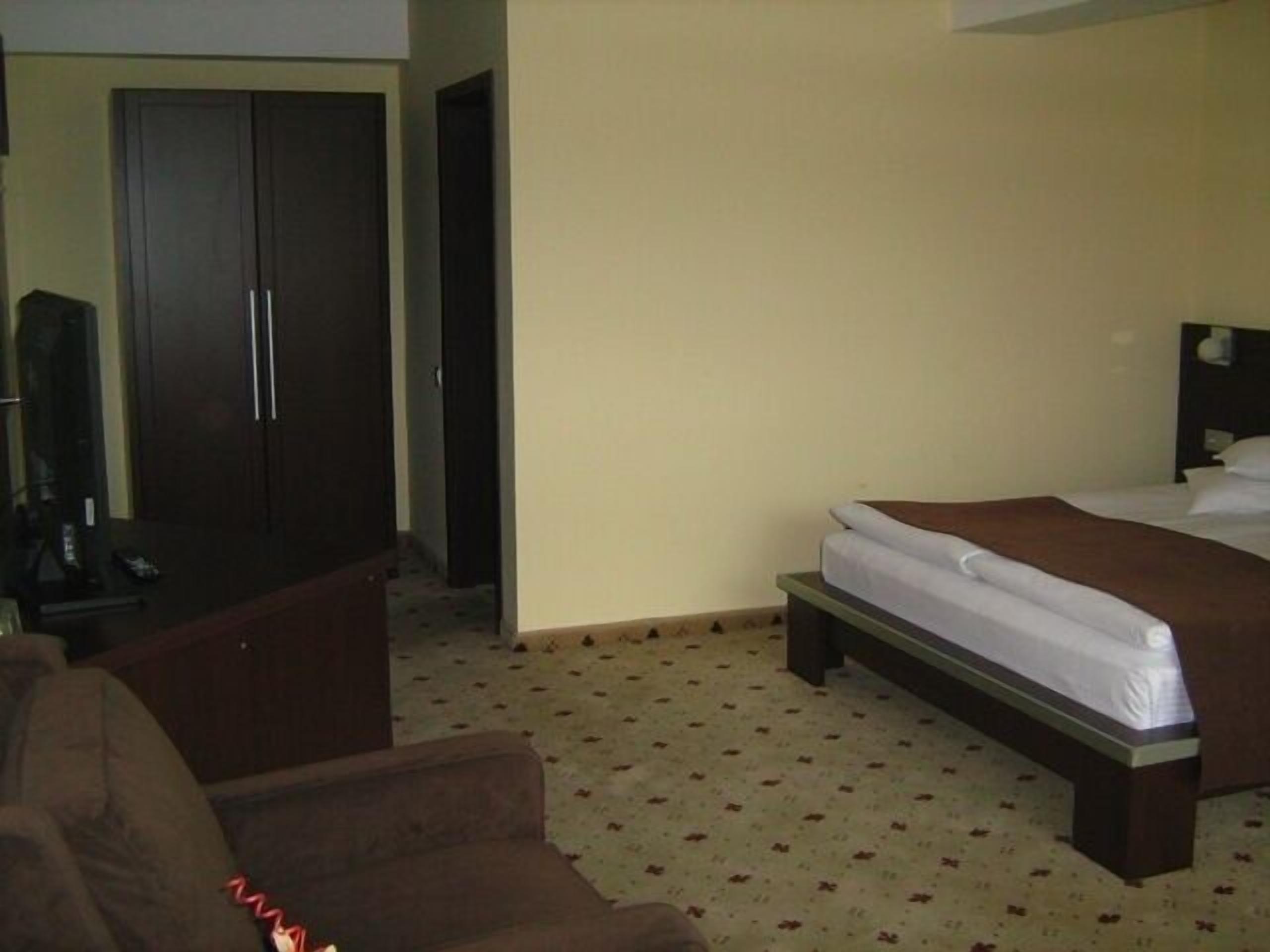 Une chambre d’hôtel avec un lit, une armoire, une télévision et un canapé.