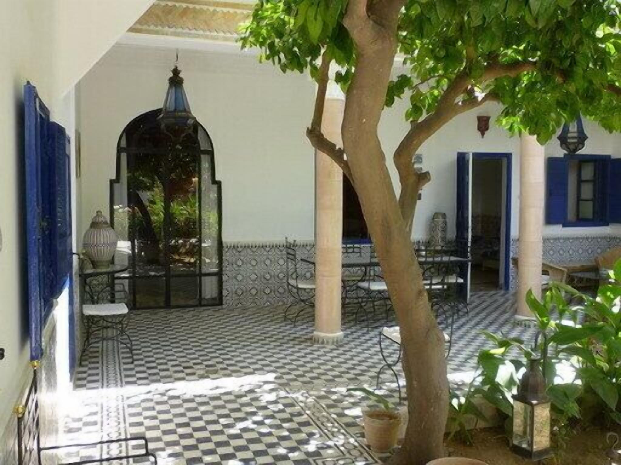 Un patio con piso a cuadros, un árbol y mobiliario exterior.