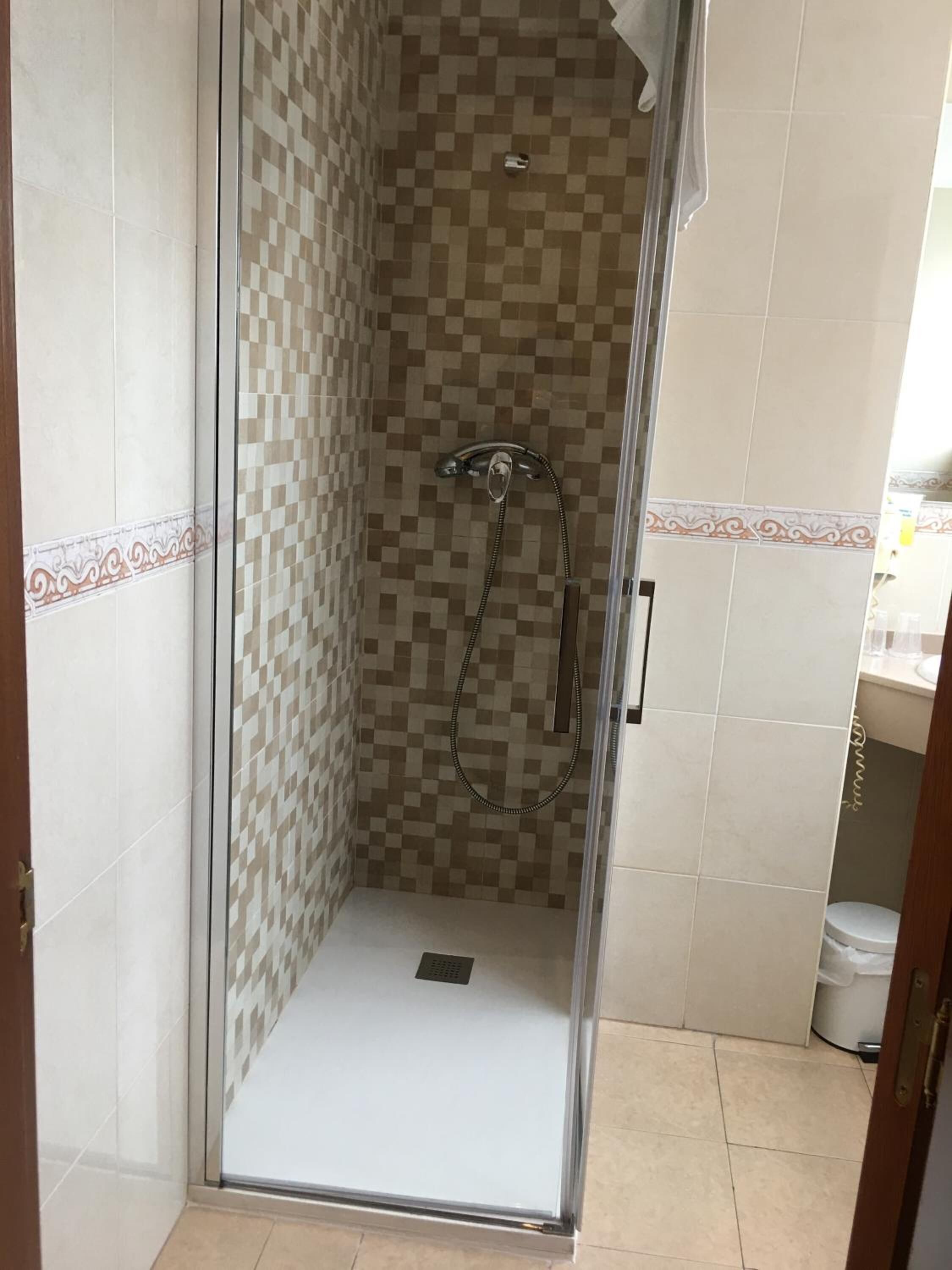 A glass-enclosed shower with a checkered tile pattern on the walls and a showerhead.