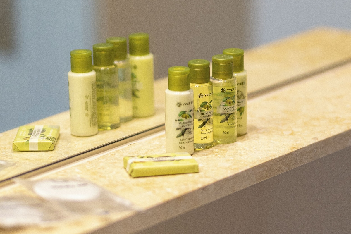 economy loft | bathroom | shower, rainfall showerhead, designer toiletries, hair dryer