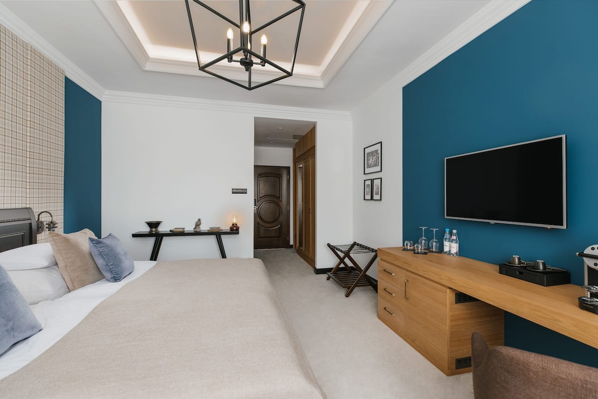 A modern bedroom with a bed, a desk, a TV, and a kitchenette area.