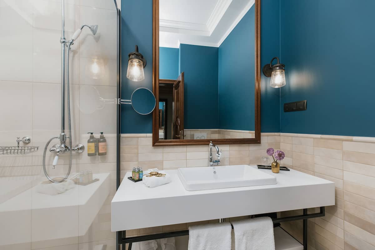 combined shower/bathtub, designer toiletries, hair dryer, dressing gowns