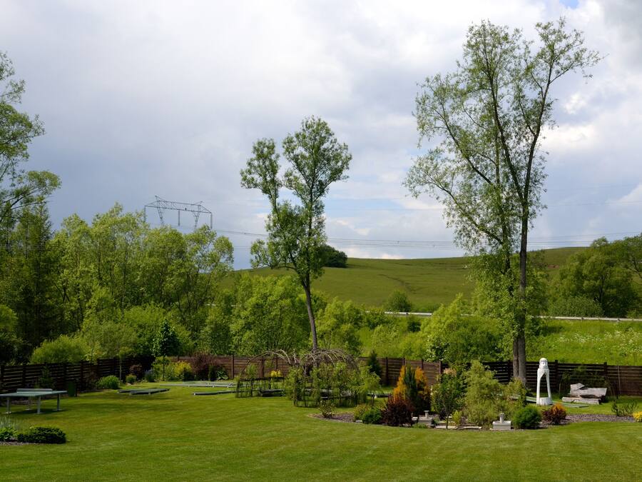 Un giardino curato con diverse specie di alberi, un gazebo e un tavolo da picnic.