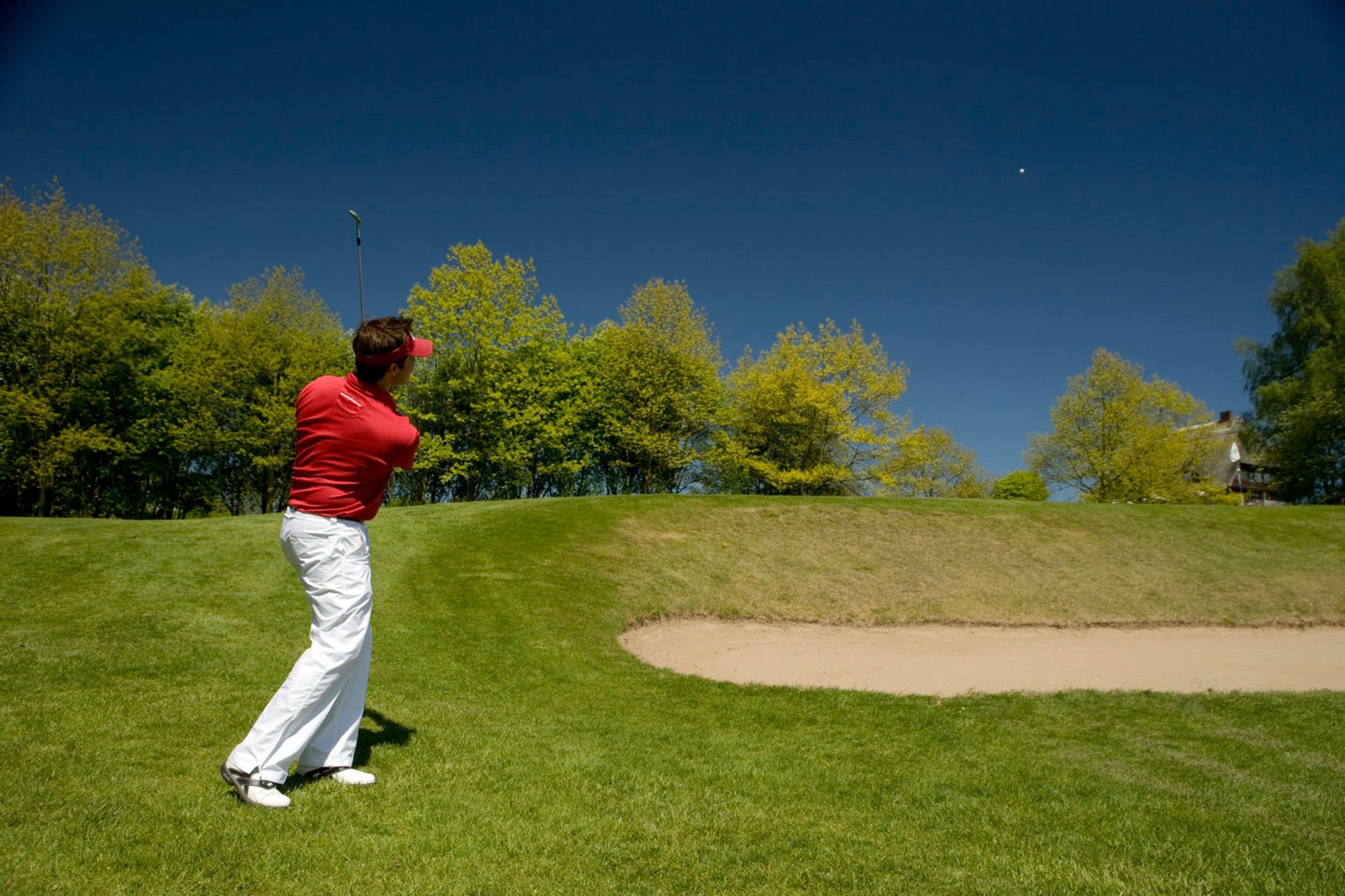 Een persoon in een rood shirt en witte broek op een golfbaan, met een heldere lucht en bomen op de achtergrond.