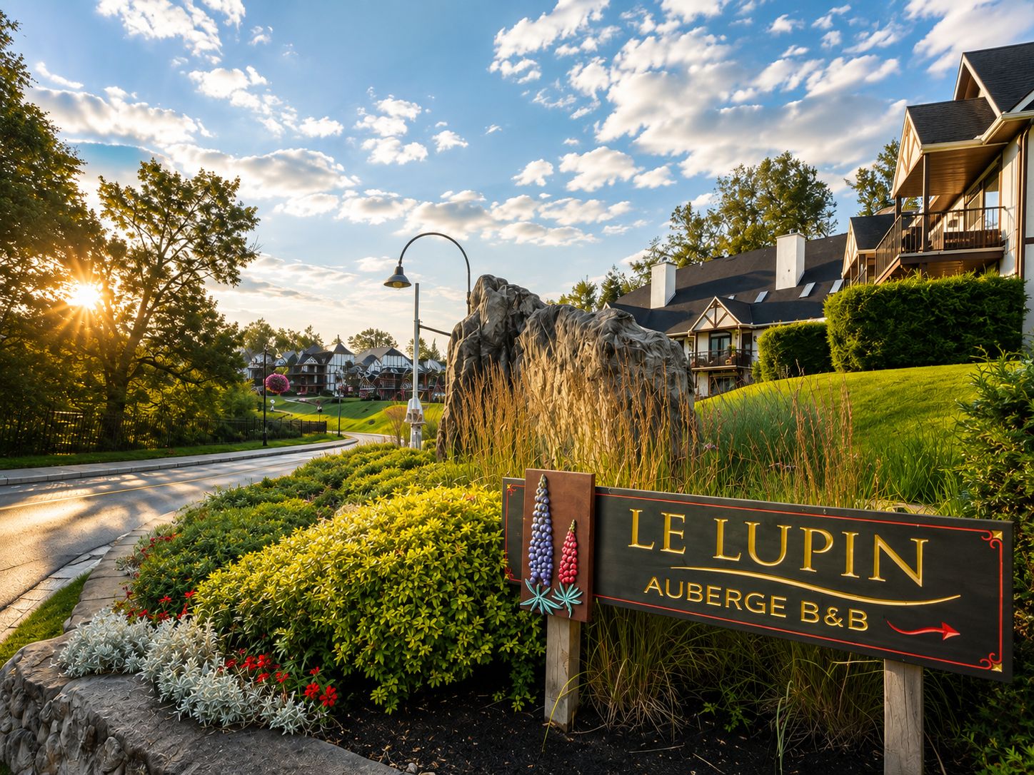 A sign for Le Lupin Auberge B&B with a landscaped garden in front.