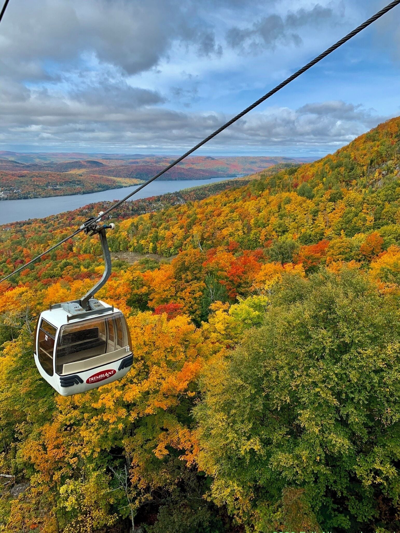 A cable car with "TREMBLANT" branding, suspended over a forested area with autumn foliage.