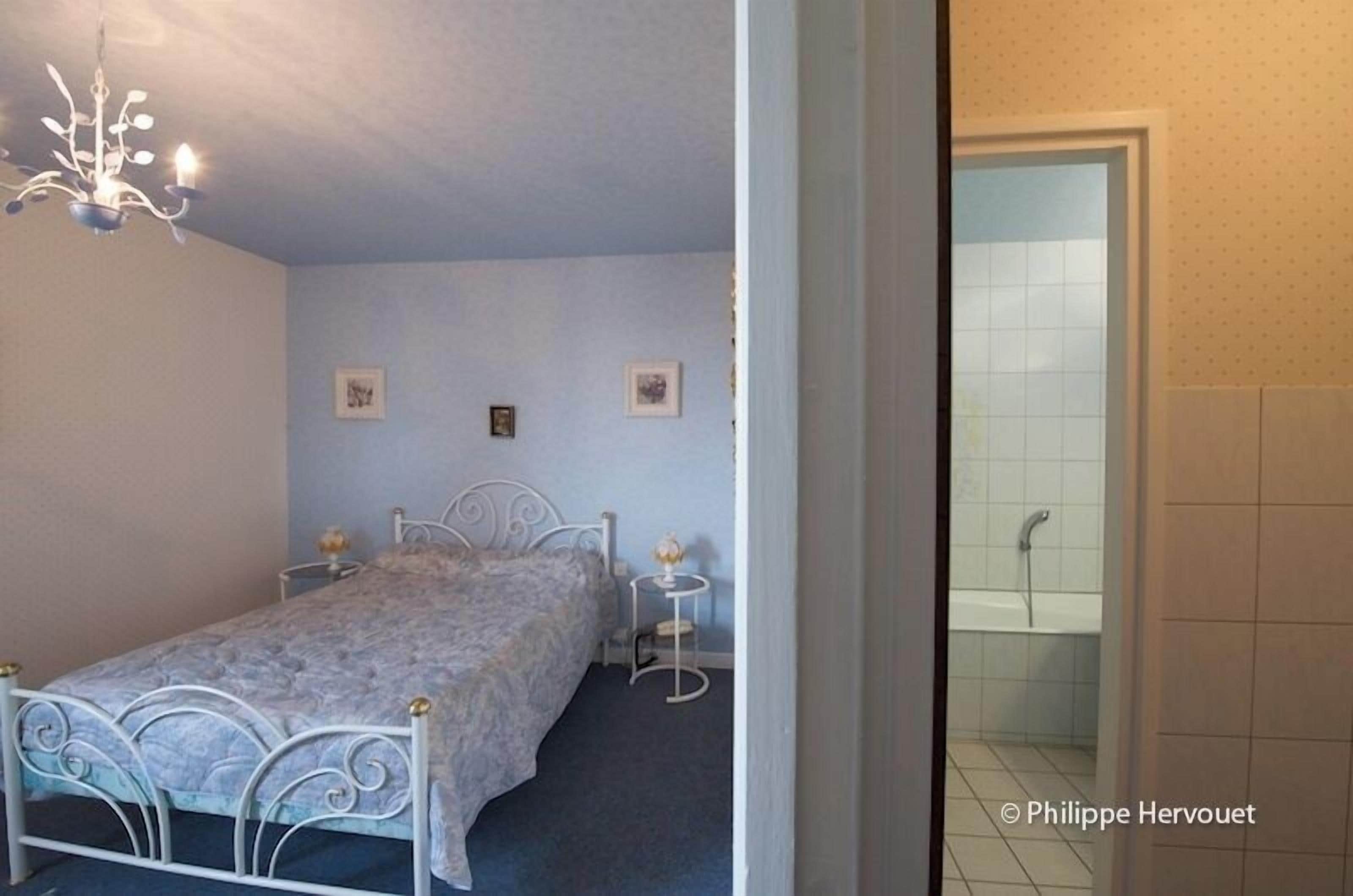 A bedroom with a bed, bedside tables, and a chandelier.