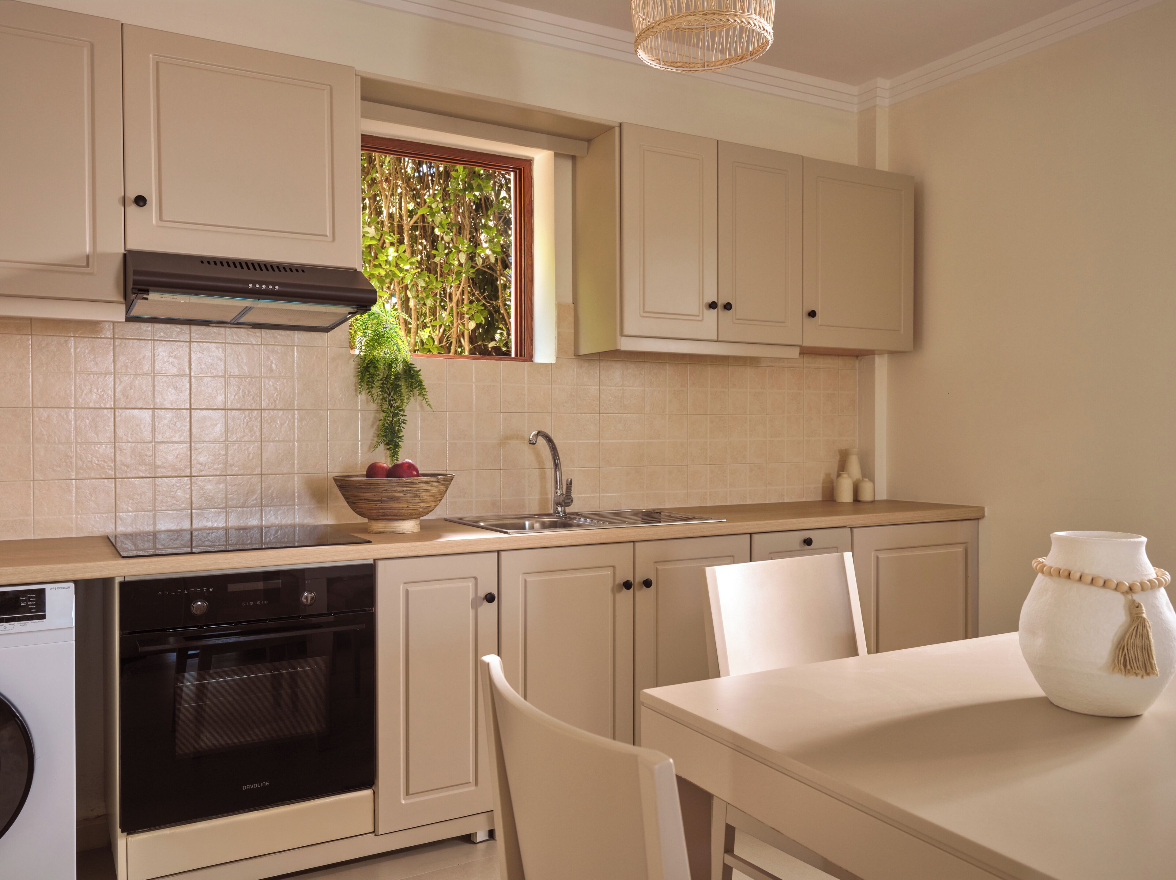 Una cocina con lavavajillas, horno, pileta y una ventana con planta.