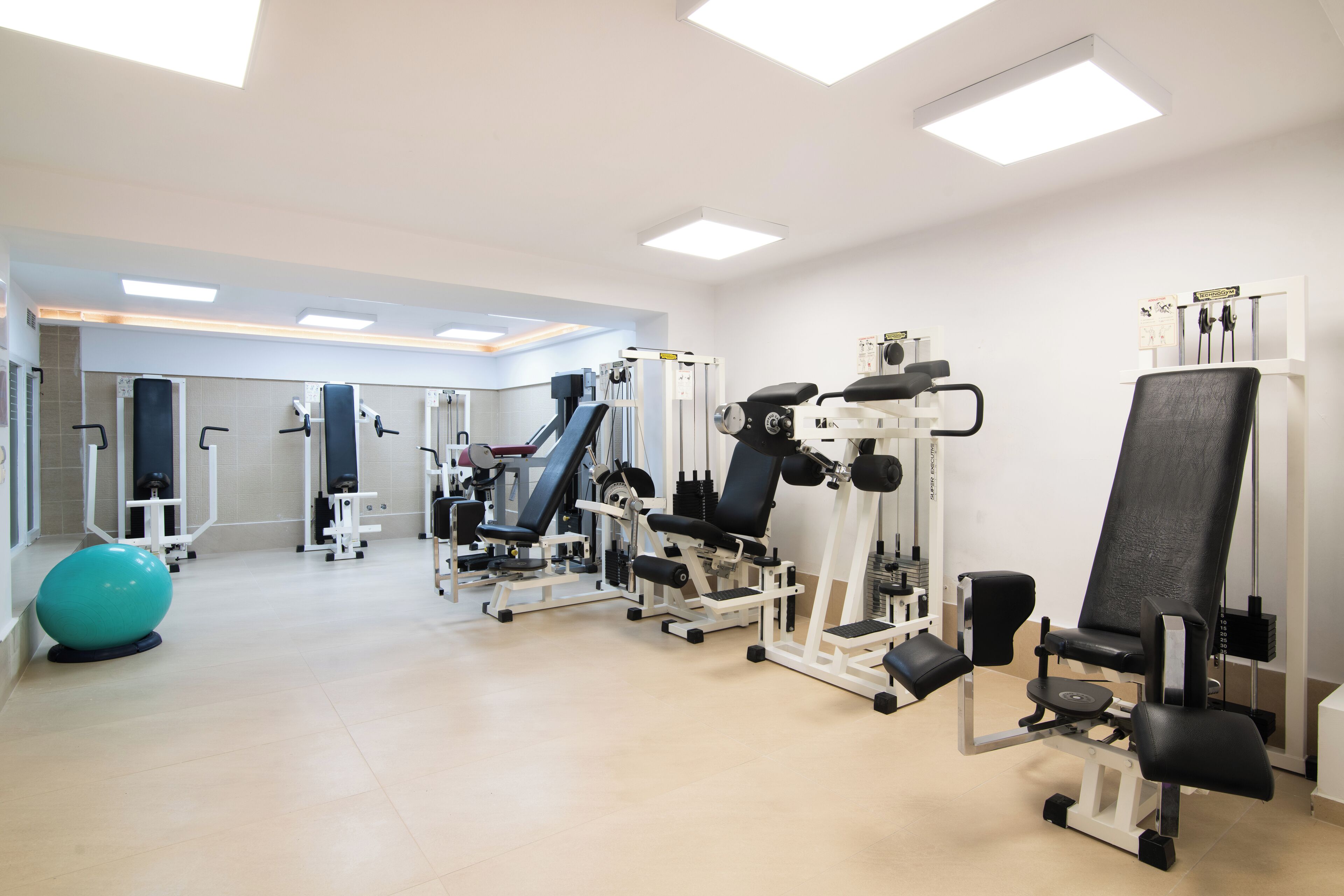 A gym with various exercise machines, a large exercise ball, and a mirror.