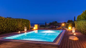 Seasonal outdoor pool, pool umbrellas