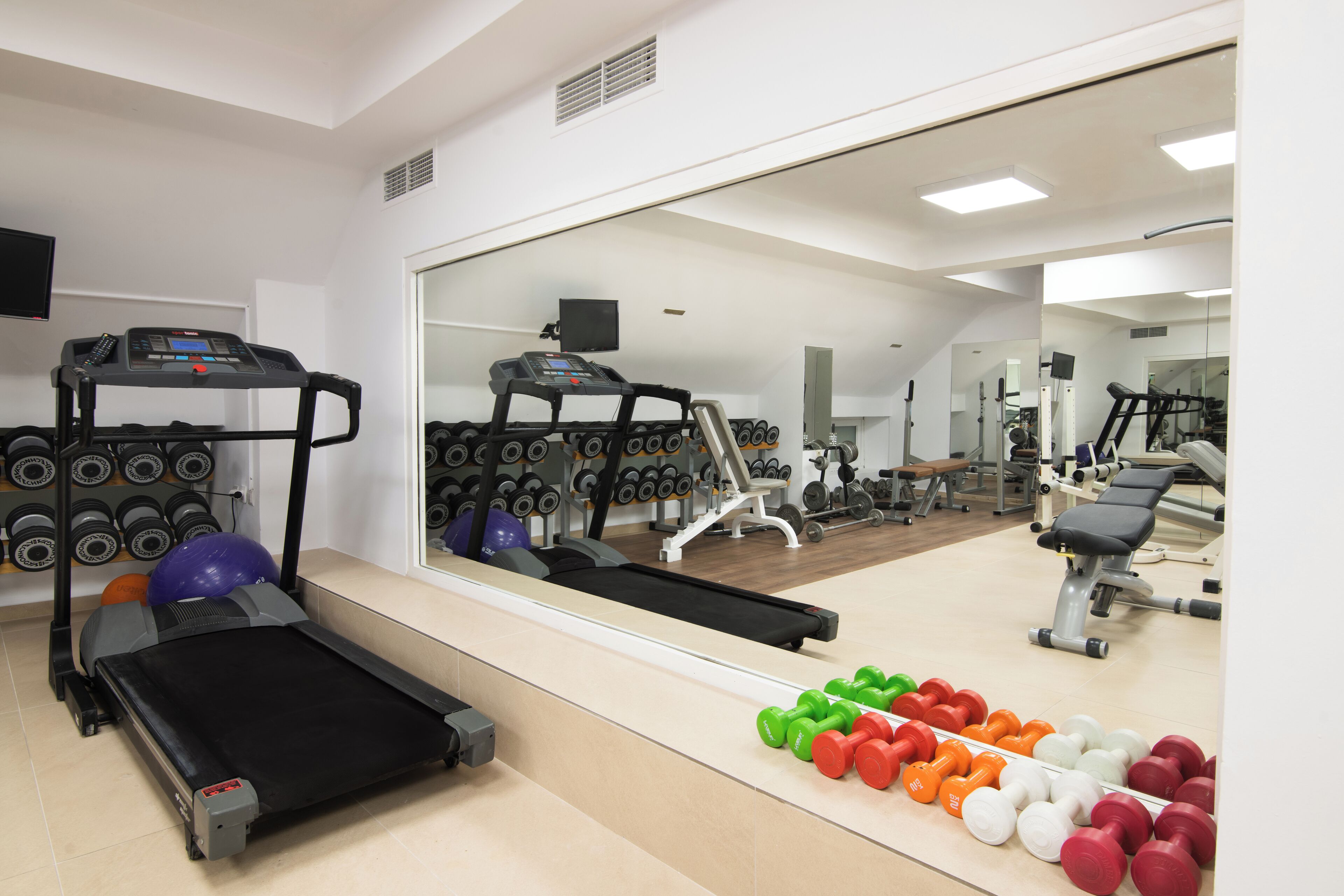 Uma academia com esteira, pesos e bolas de exercício.