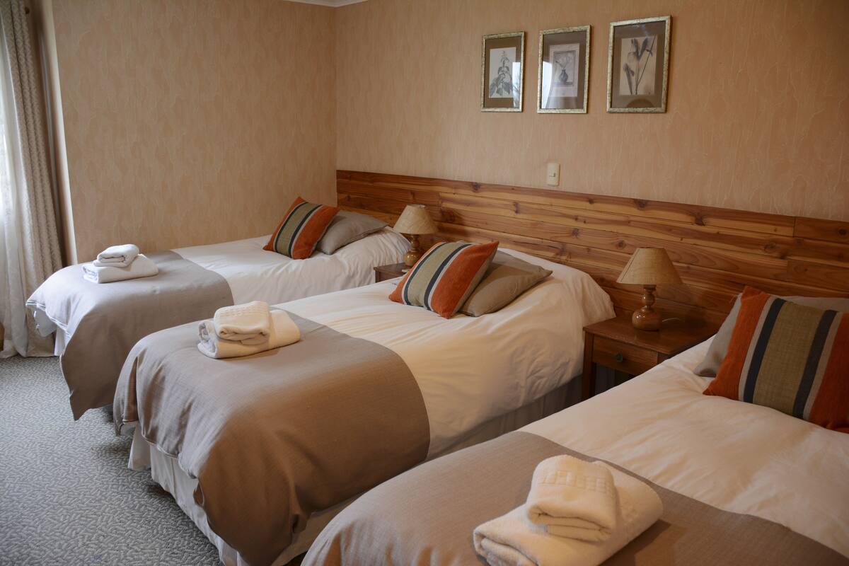 A hotel room with three beds, each with a pillow and a folded towel. There are framed pictures on the wall above the beds.