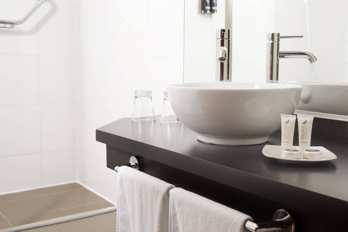 shower, rainfall showerhead, free toiletries, hair dryer