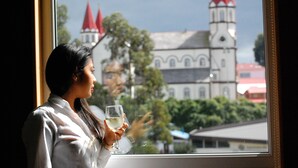 A person holding a glass of white wine, looking out of a window at a building with red spires. - Solace Hotel Puerto Varas (Puerto Varas)