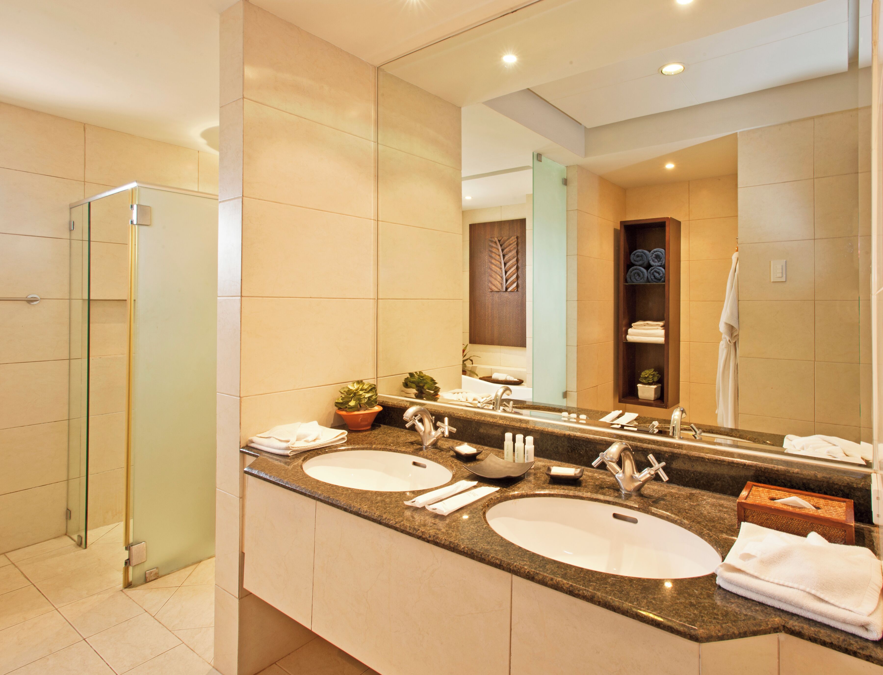 A modern bathroom with two sinks, a glass shower enclosure, and a large mirror.