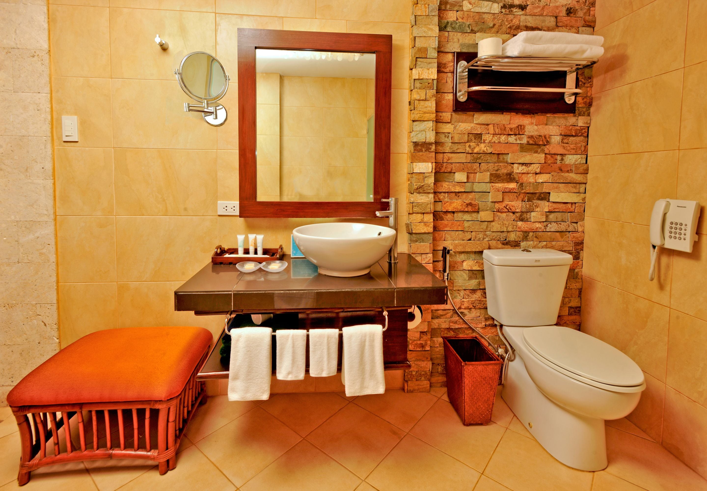 free toiletries, hair dryer, bidet, towels