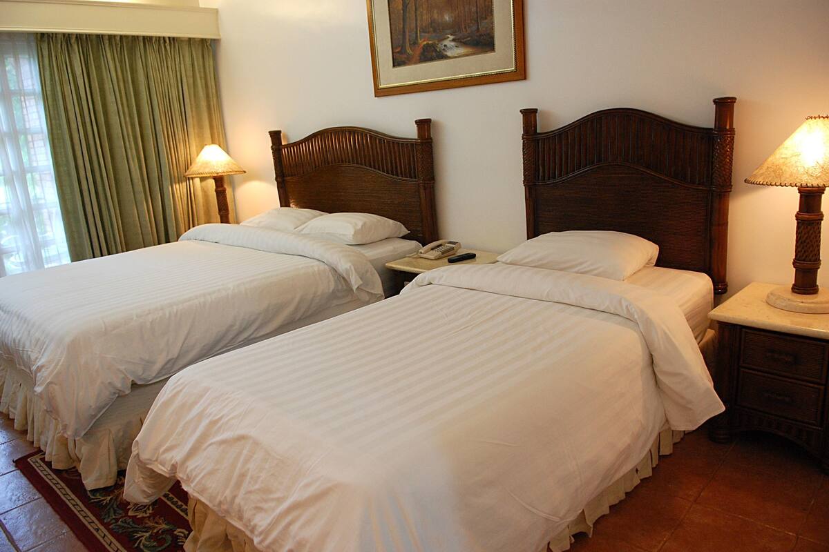 Une chambre d’hôtel avec deux lits simples, une table de chevet avec une lampe, un tableau au mur et une fenêtre avec des rideaux.