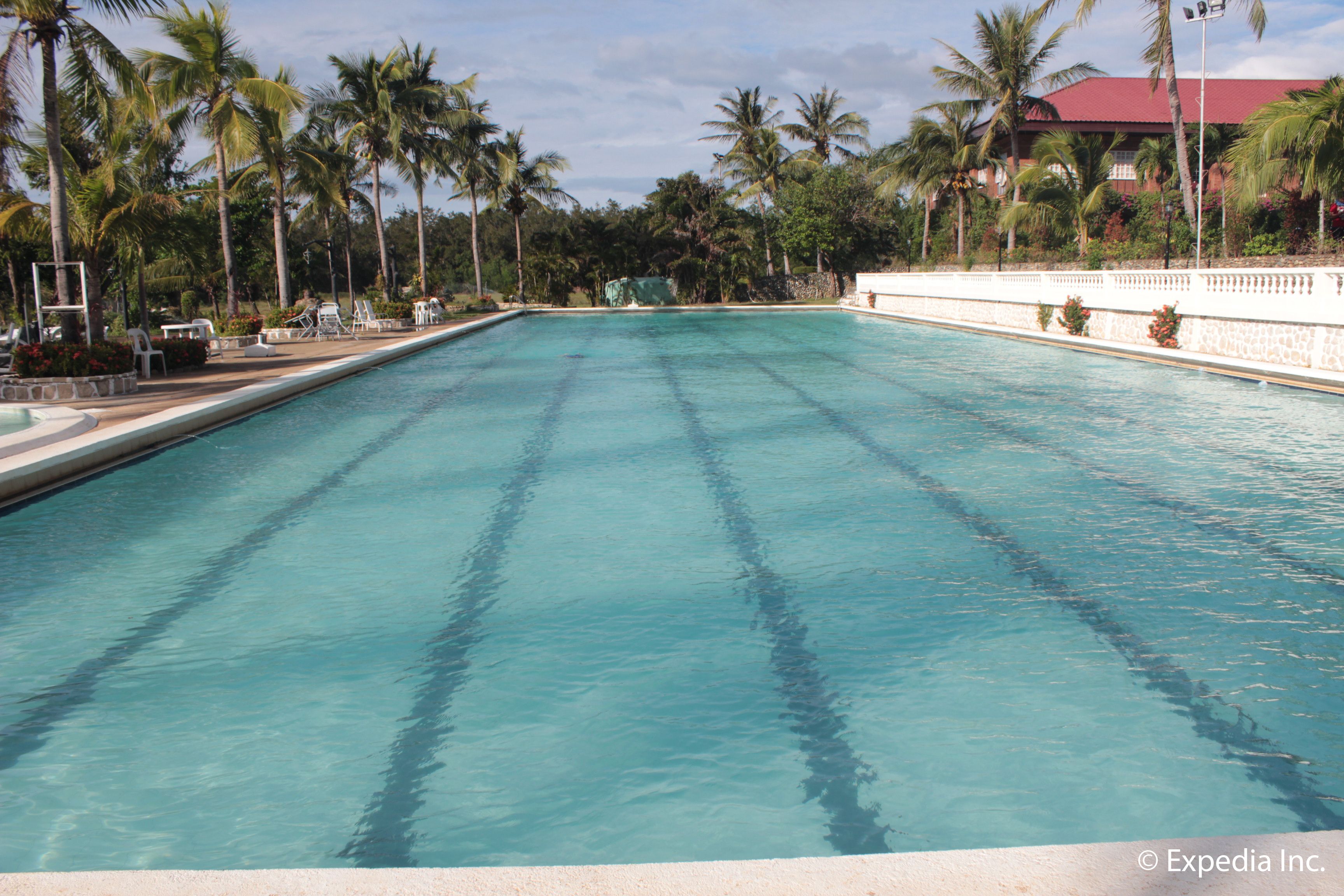 A clear swimming pool with a tiled deck, surrounded by palm trees and a building with a red roof in the background.