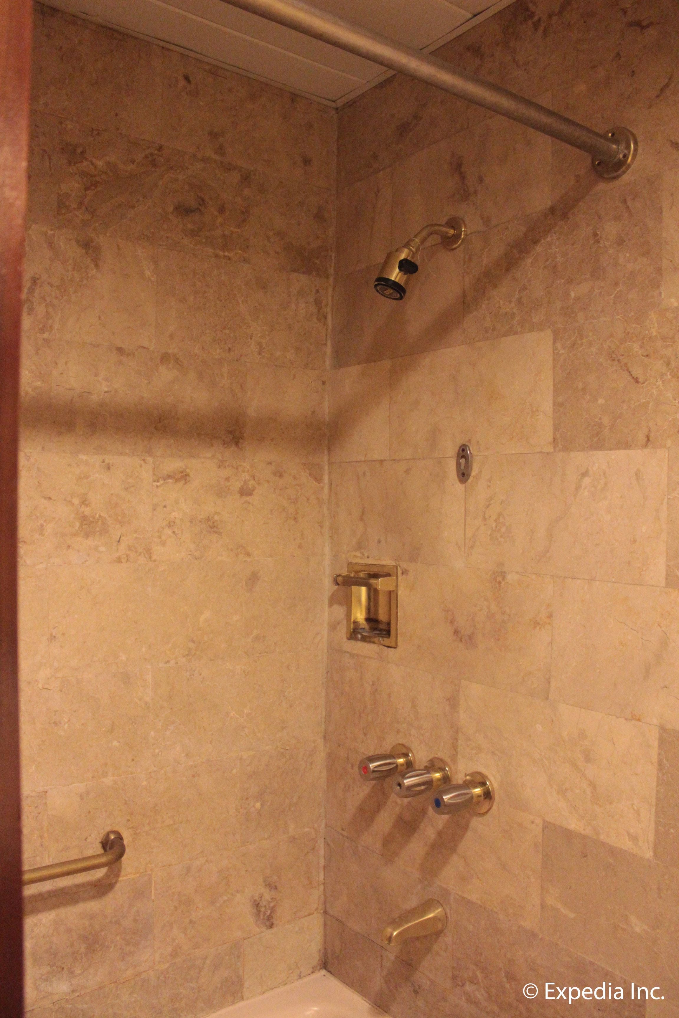 A bathroom with a shower, a handrail, and a control panel.