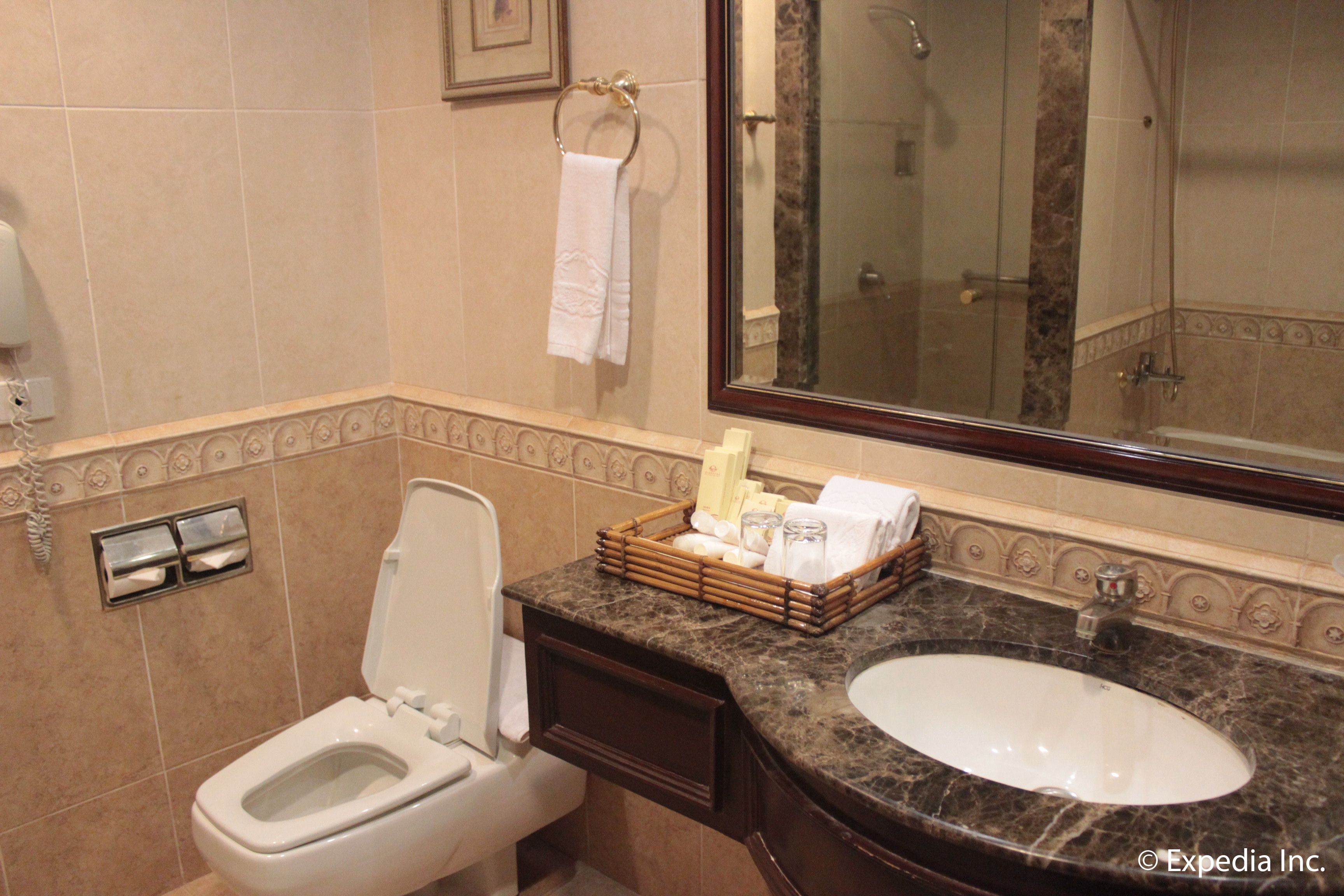 Une salle de bain avec des toilettes, un lavabo et une douche.