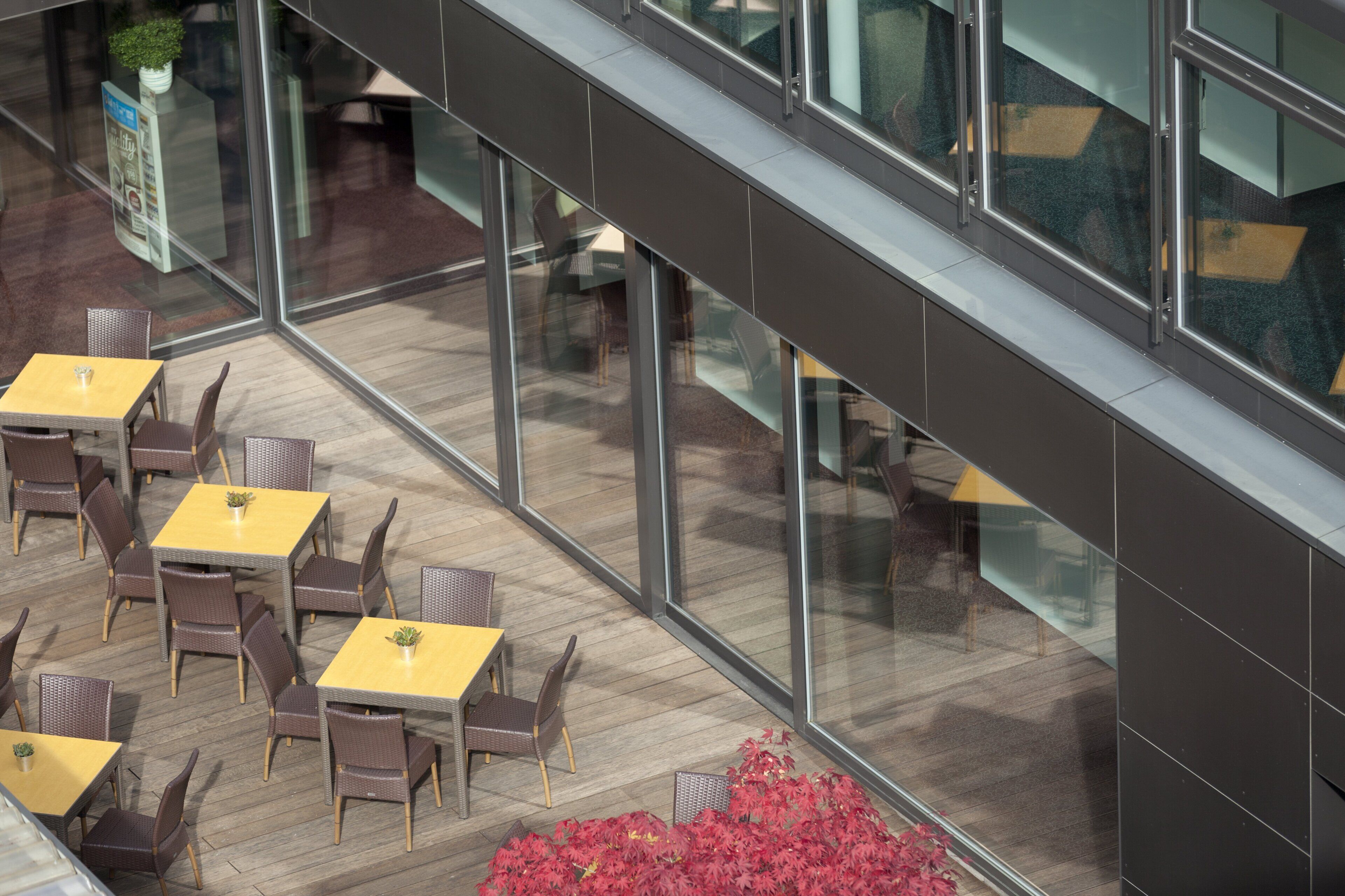 An outdoor seating area with tables and chairs, a potted plant, and a glass railing.