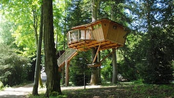 Una estructura tipo casa del árbol construida en un área boscosa, con una plataforma de madera y una escalera que lleva a ella.