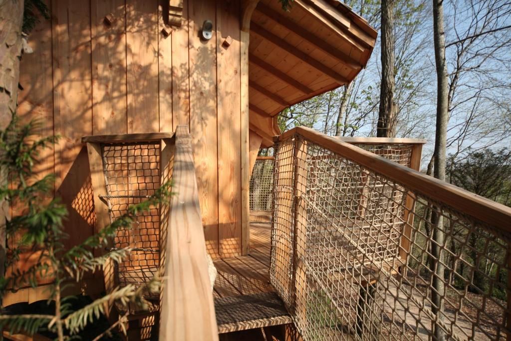 A wooden treehouse with a wooden deck and a rope ladder.