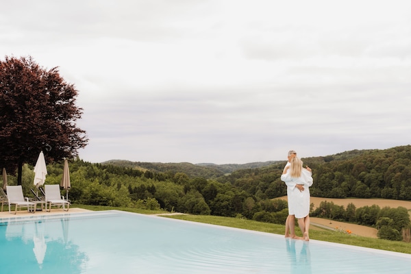 Seasonal outdoor pool, pool umbrellas, sun loungers
