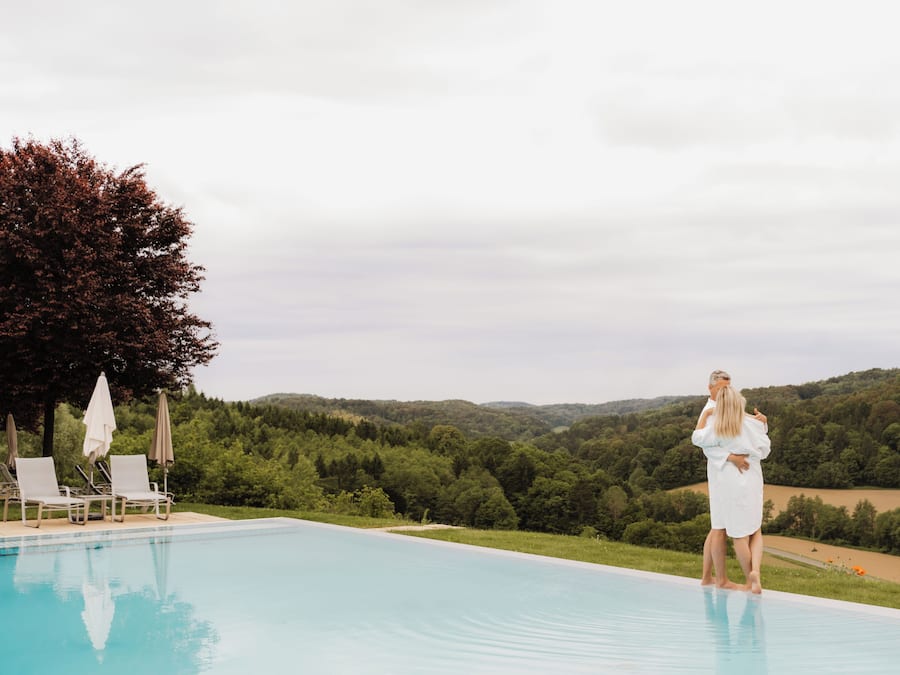 Seasonal outdoor pool, pool umbrellas, pool loungers