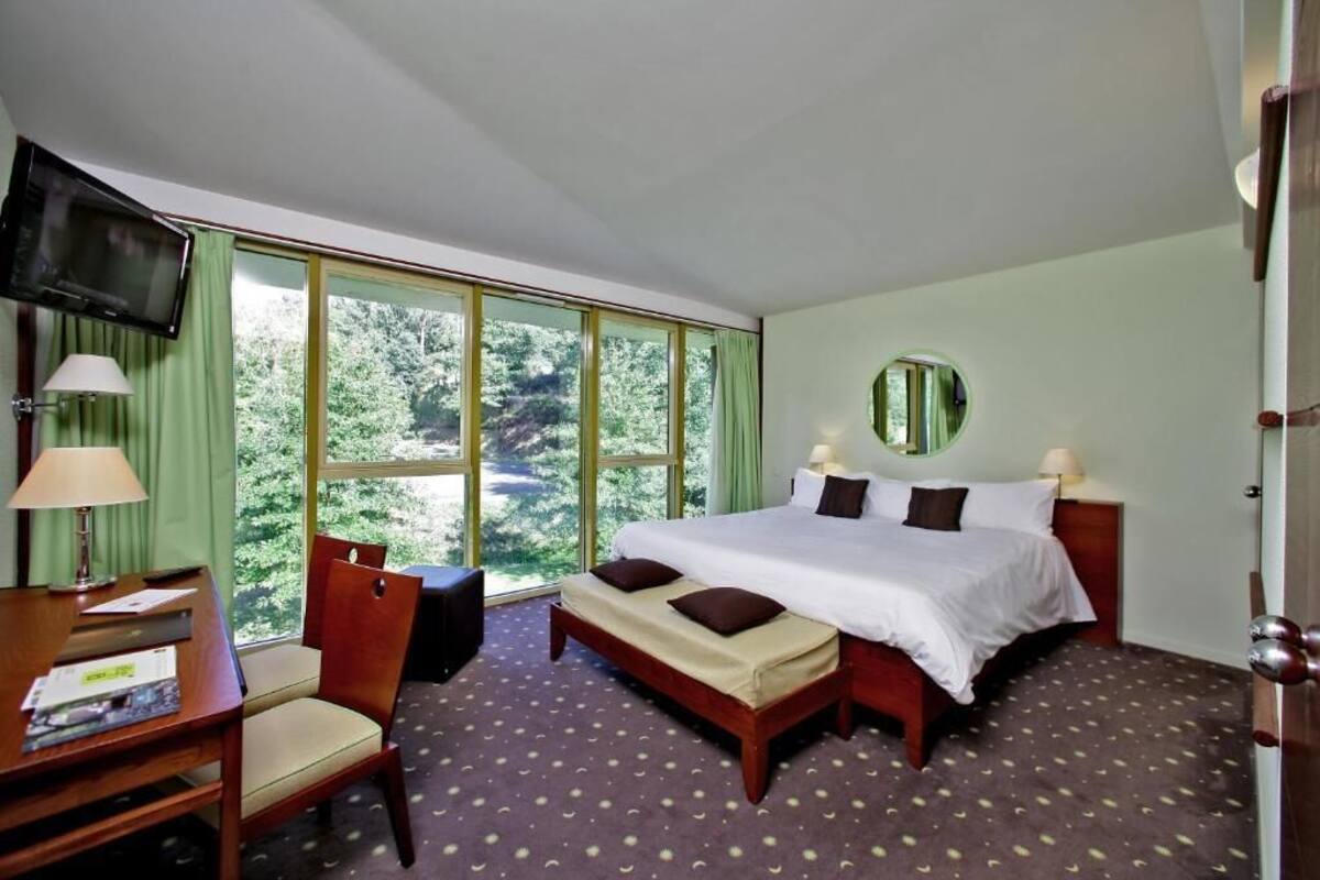 Une chambre d’hôtel avec un grand lit, un bureau avec une chaise, une télévision et une fenêtre donnant sur des arbres.
