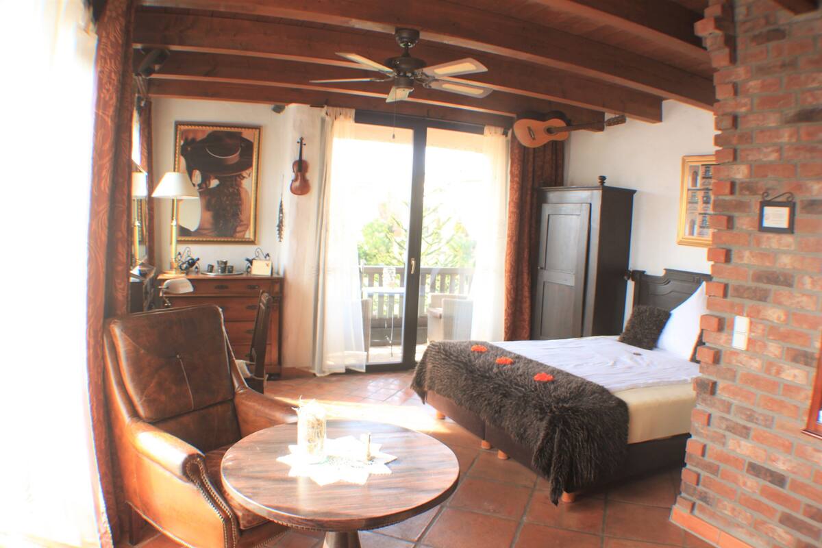 Une pièce avec un lit, une chaise, une table, une guitare et un ventilateur de plafond.
