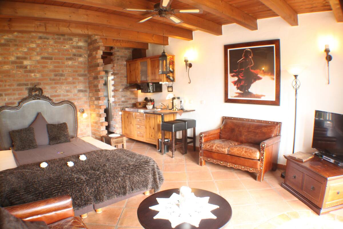 Une chambre avec un grand lit, un ventilateur de plafond en bois, un coin cuisine avec des placards en bois, une table à manger et un téléviseur.