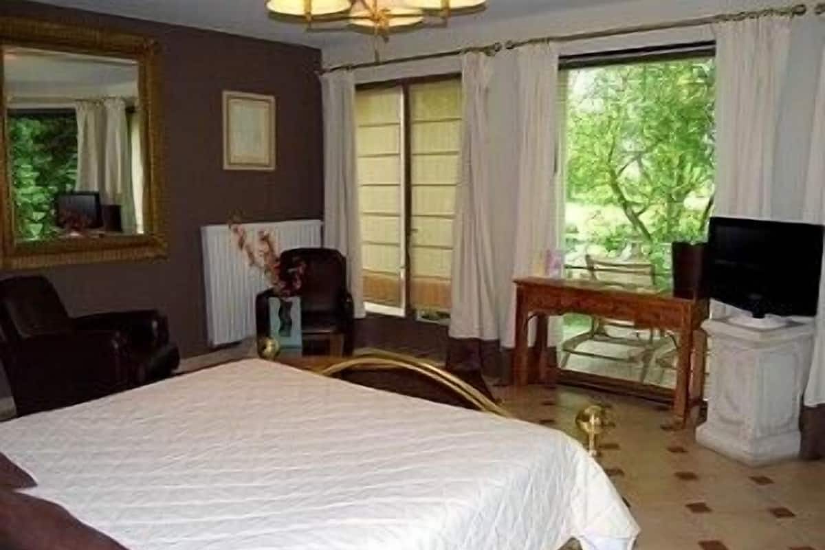 A hotel room with a large bed, a desk, a chair, a television, and a view of greenery outside.