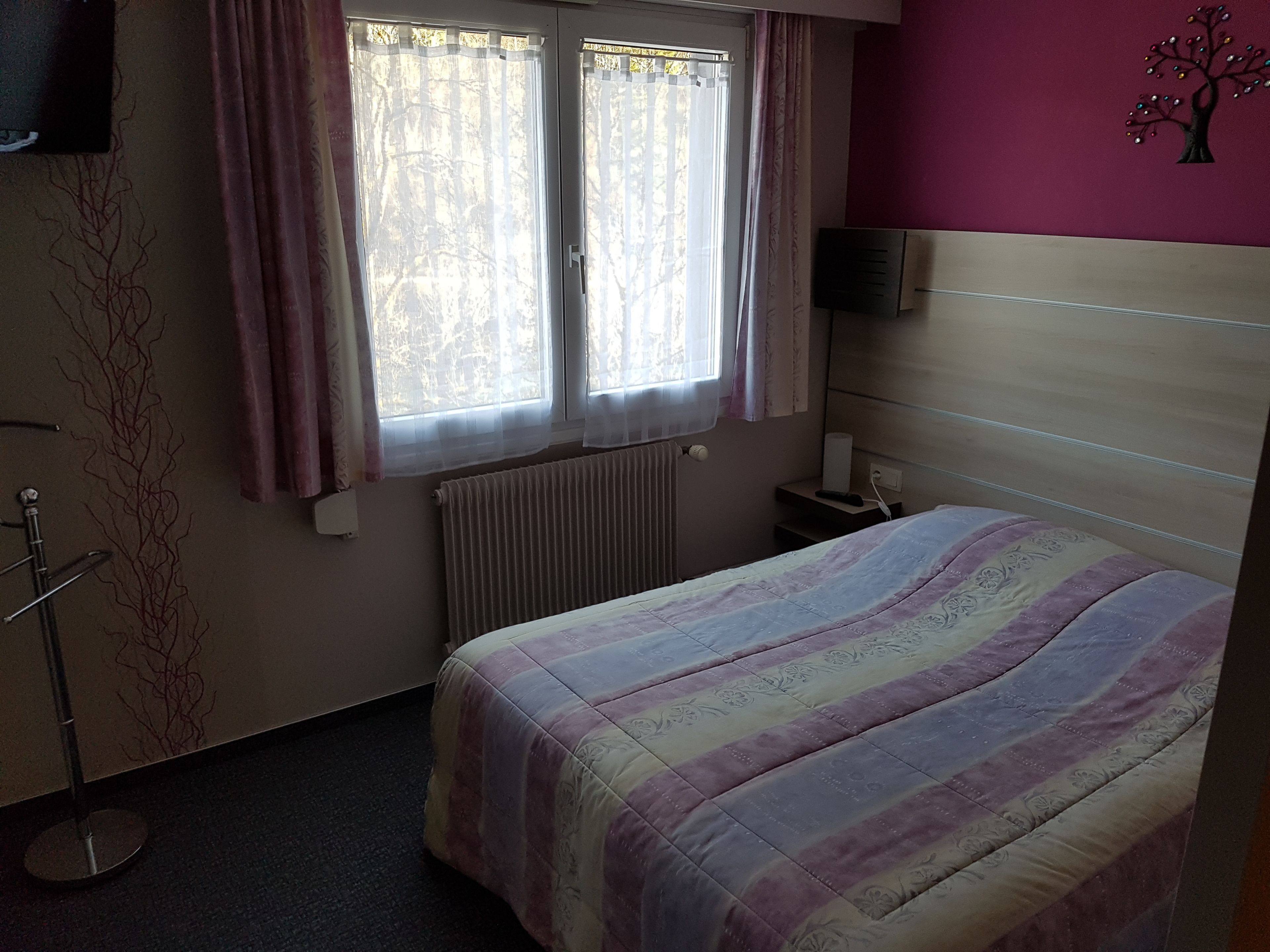 A bedroom with a bed, a radiator, a nightstand, a lamp, and a wall-mounted TV.