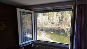 Una habitación con un ventanal amplio que da a un río y un bosque.