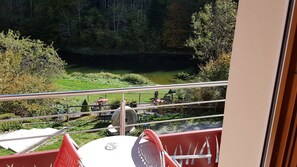 Un balcón con vista a un río, rodeado de follaje y árboles.