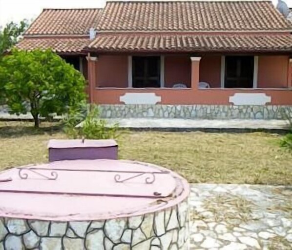 Un edificio con techo de tejas, base de piedra y un pequeño árbol en primer plano.