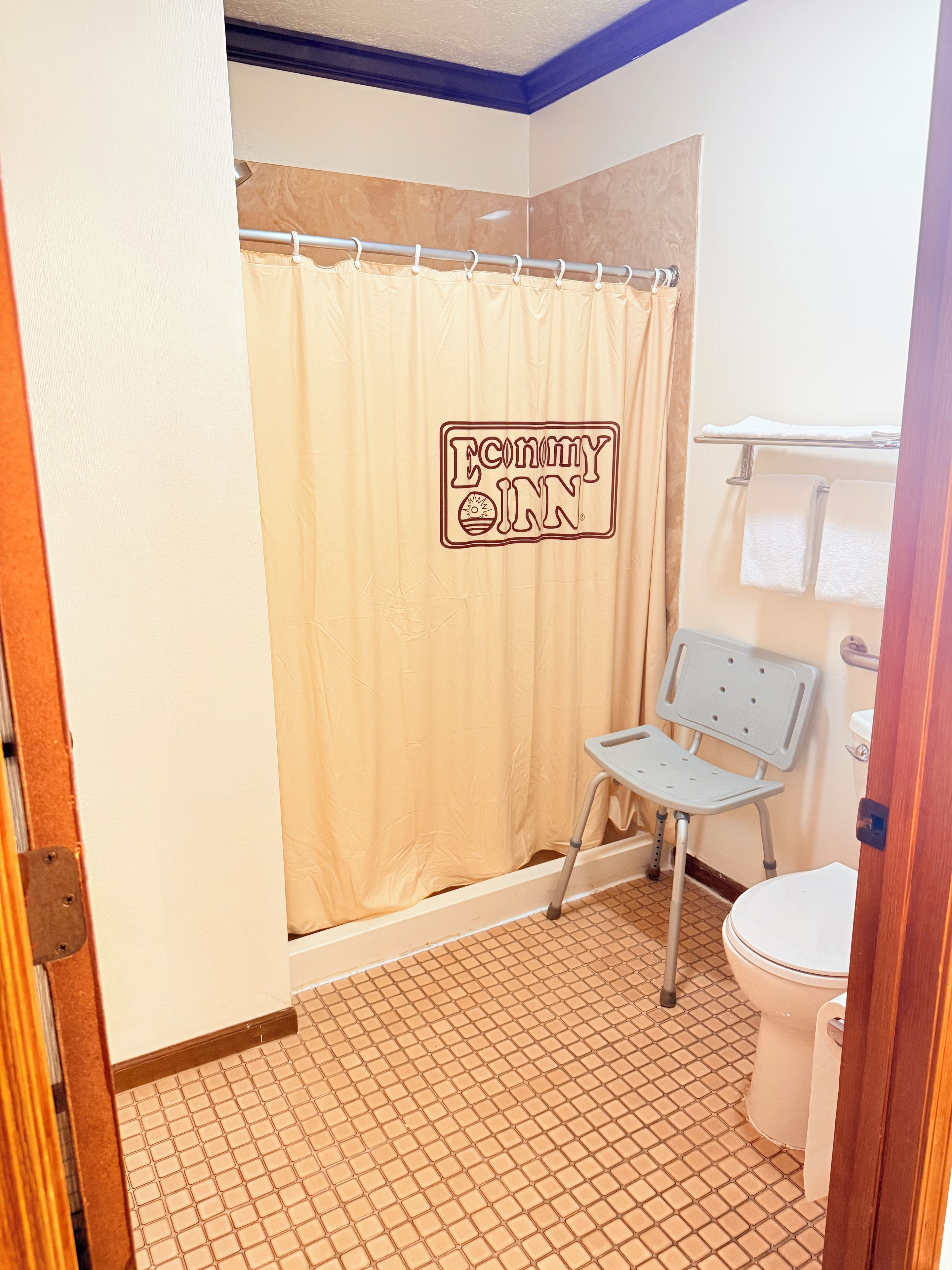 A bathroom with a shower curtain, a toilet, and a chair.