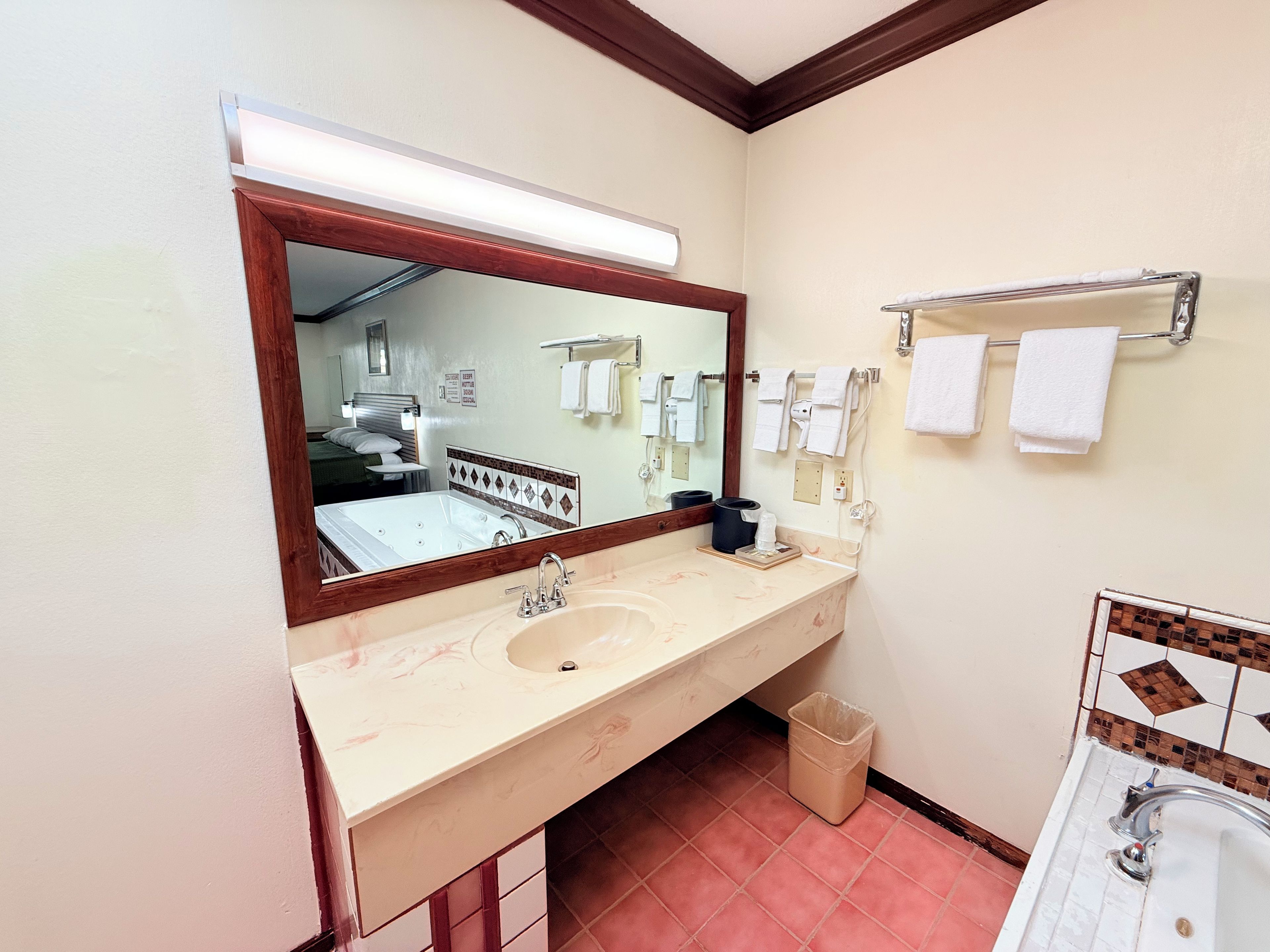 A bathroom with a large mirror, a sink, a towel rack, and a trash bin.