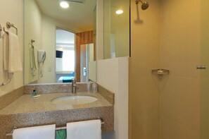Shower, rainfall showerhead, hair dryer, towels