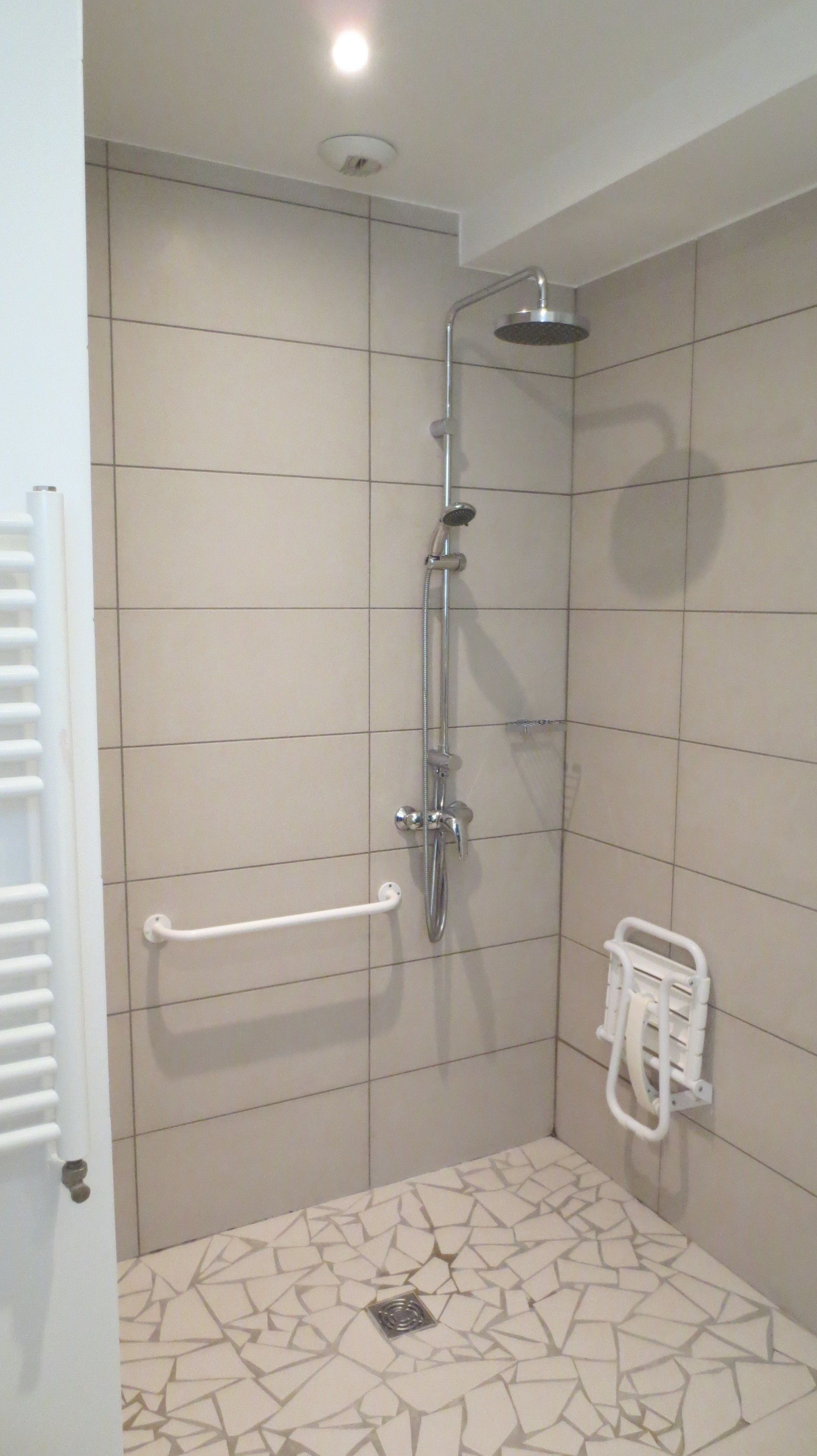Ducha con cabezal de ducha de mano, pasamanos instalado en la pared y desagüe en el suelo.