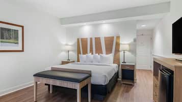 Una habitación de hotel moderna con una cama grande, mesitas de noche, un banco, un televisor y un refrigerador.