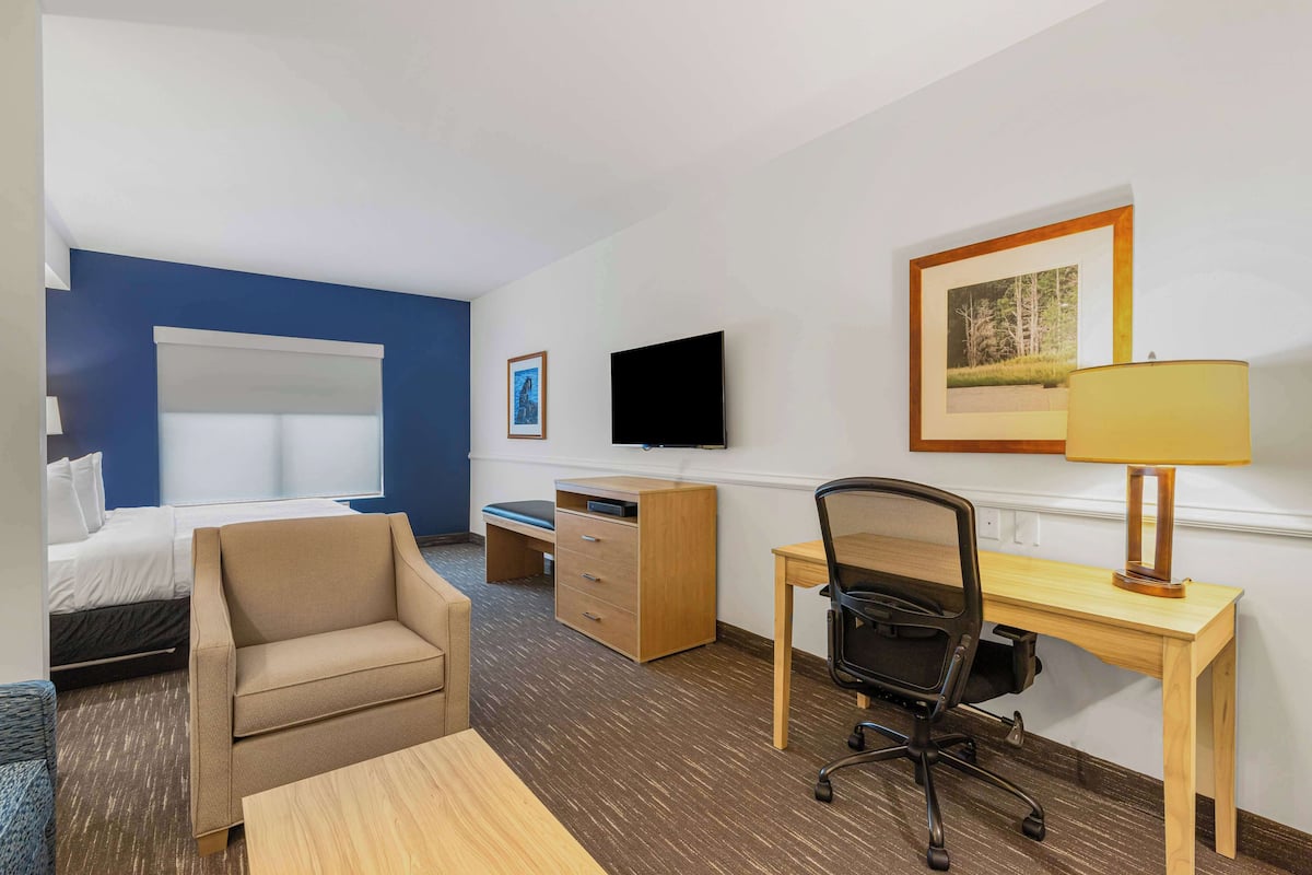 A hotel room with a bed, a desk, a chair, a TV, and a lamp.