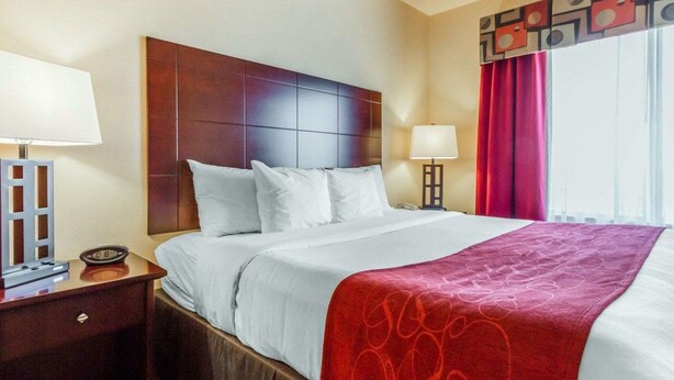 A hotel room with a large bed, a wooden headboard, a nightstand with a lamp, and a window with red curtains. - Comfort Suites Florence Shoals Area (Florence)