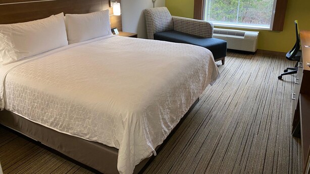 A hotel room with a large bed, a chair, a desk, and a window with a view of trees. - Holiday Inn Express Columbia by IHG (Columbia)