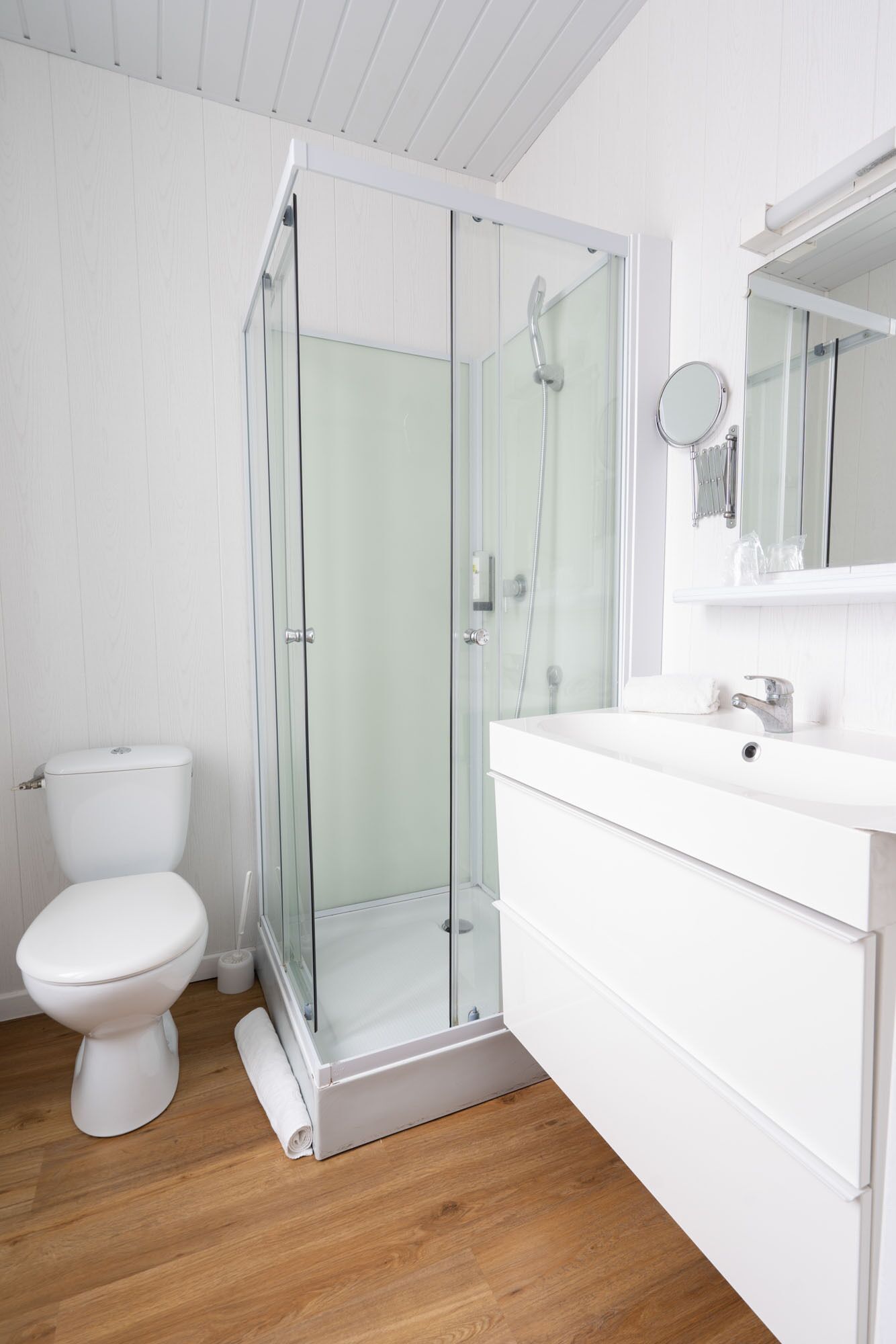 Un baño con ducha de vidrio, inodoro y lavamanos con espejo.
