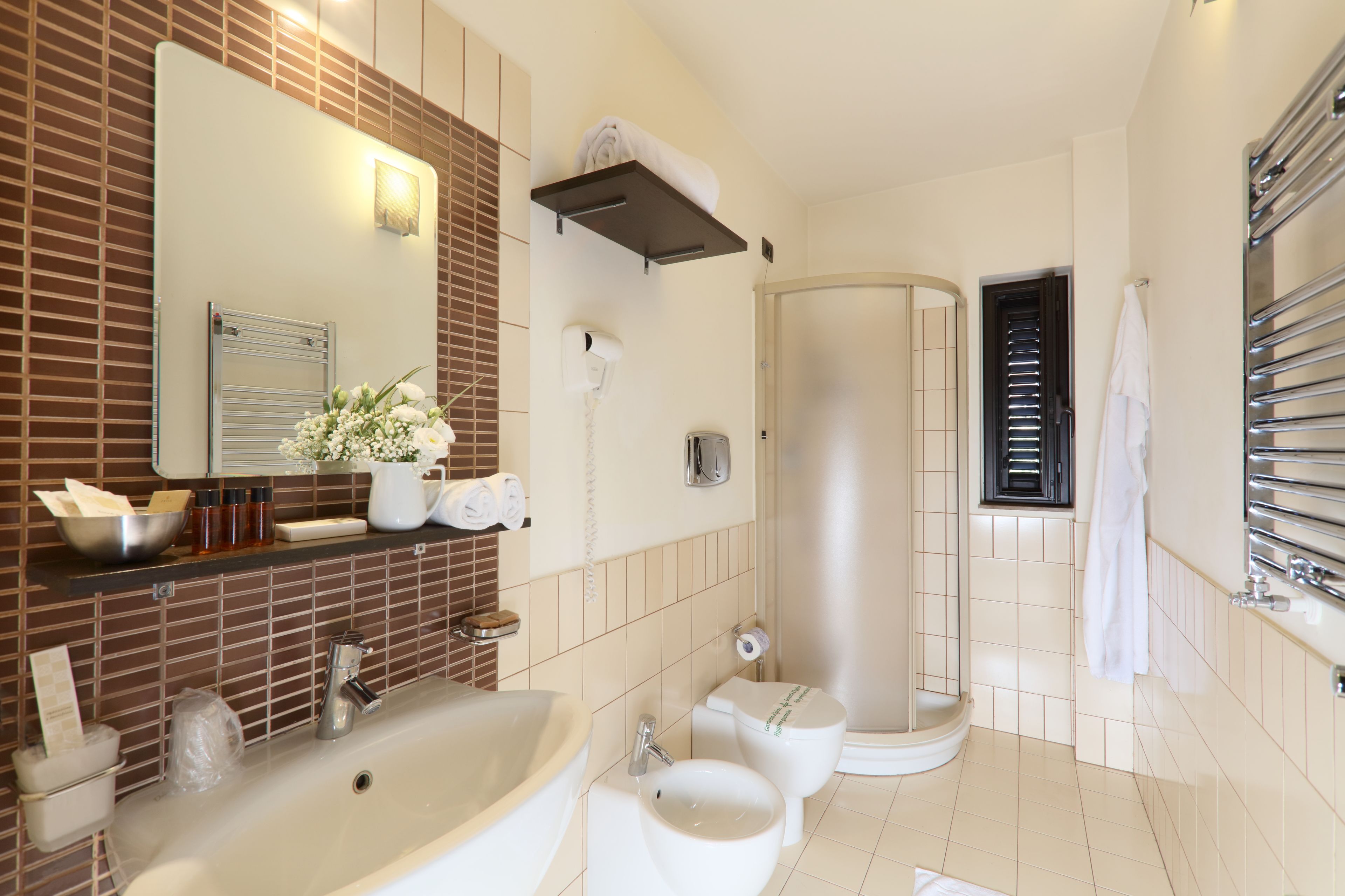 shower, hair dryer, bidet, towels