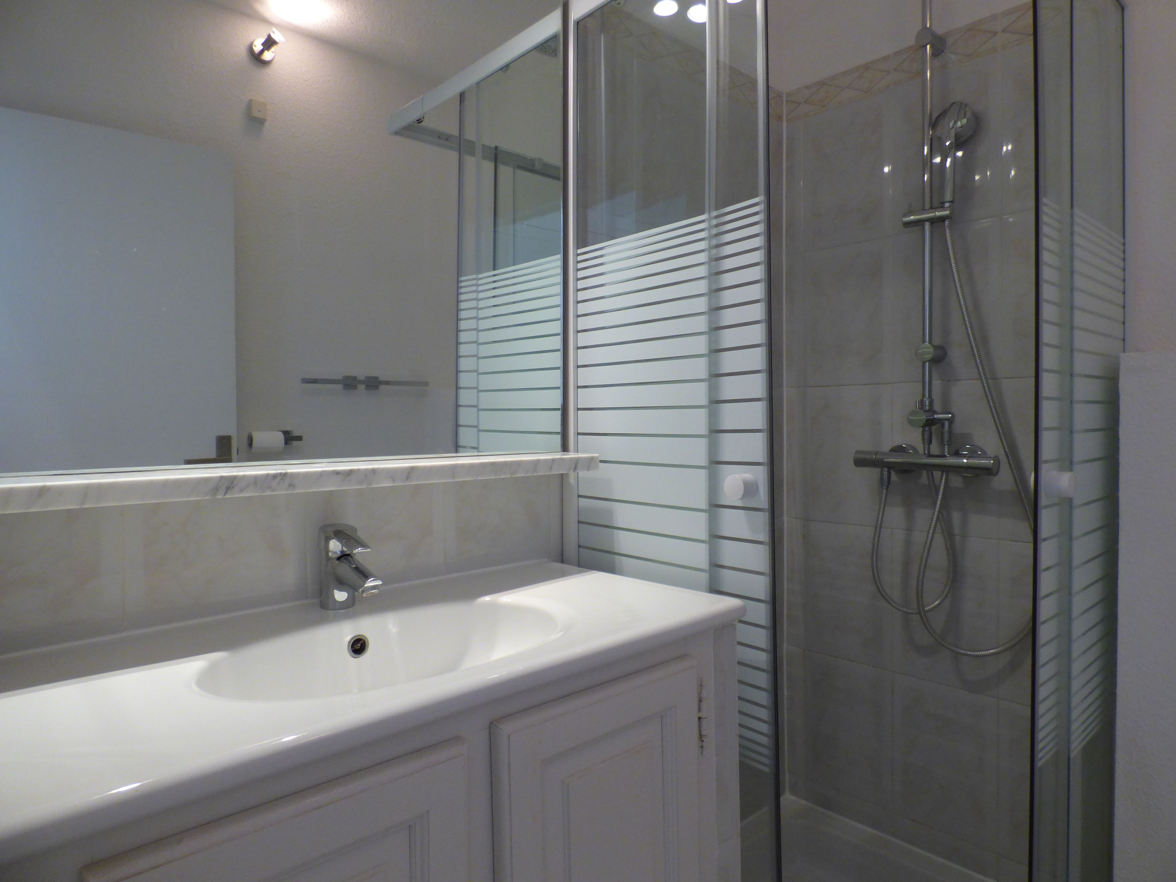 Un baño moderno con tocador blanco, cabina de ducha con mampara de vidrio y un espejo grande.