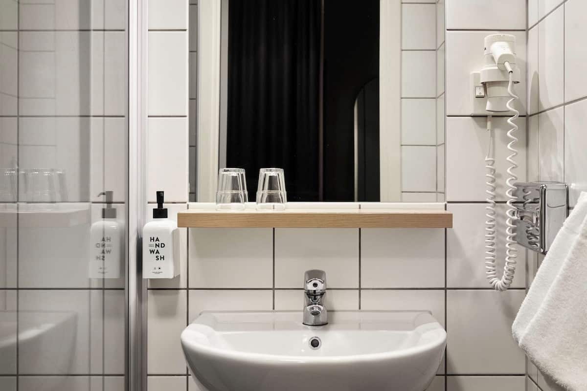 shower, free toiletries, hair dryer, towels