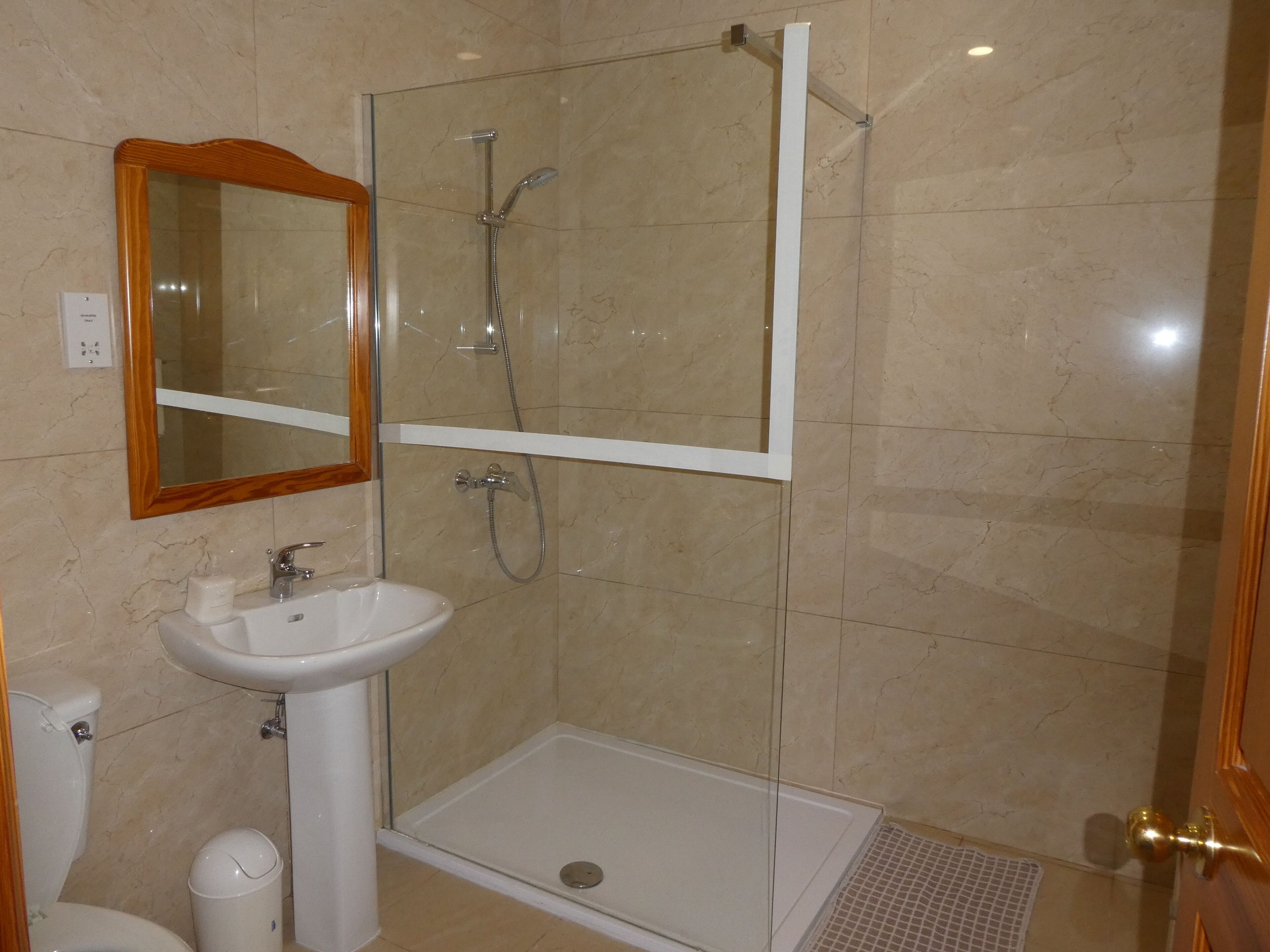A bathroom with a glass-enclosed shower, a sink, and a toilet.